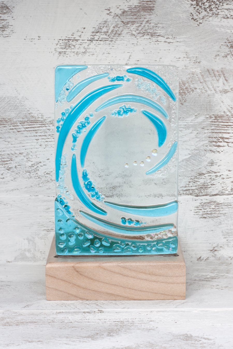 Fused Glass Wave set in an Sycamore Tealight Holder