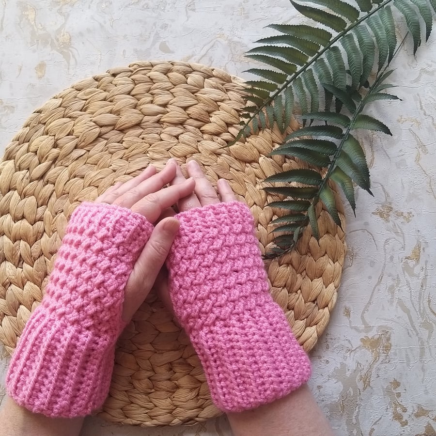 Crochet Wrist Warmers Fingerless Gloves Mitts Fondant Pink