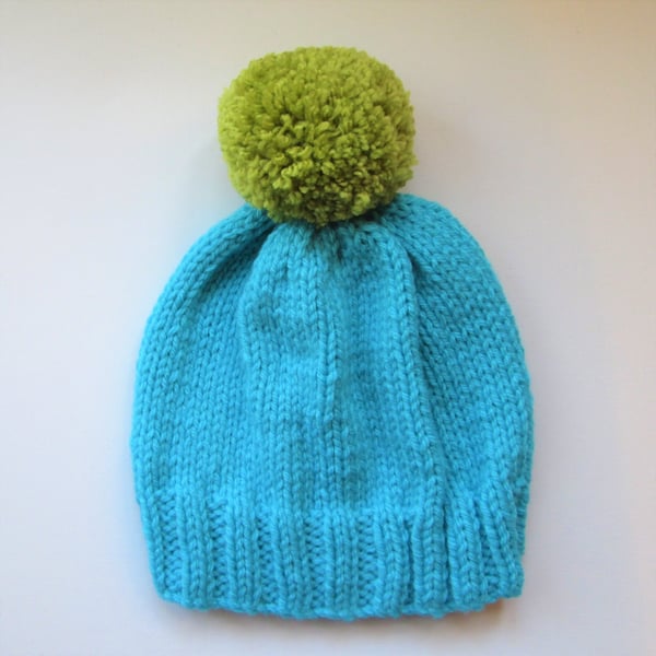 Bobble Hat in Aqua Blue Chunky Yarn with Green Pom Pom