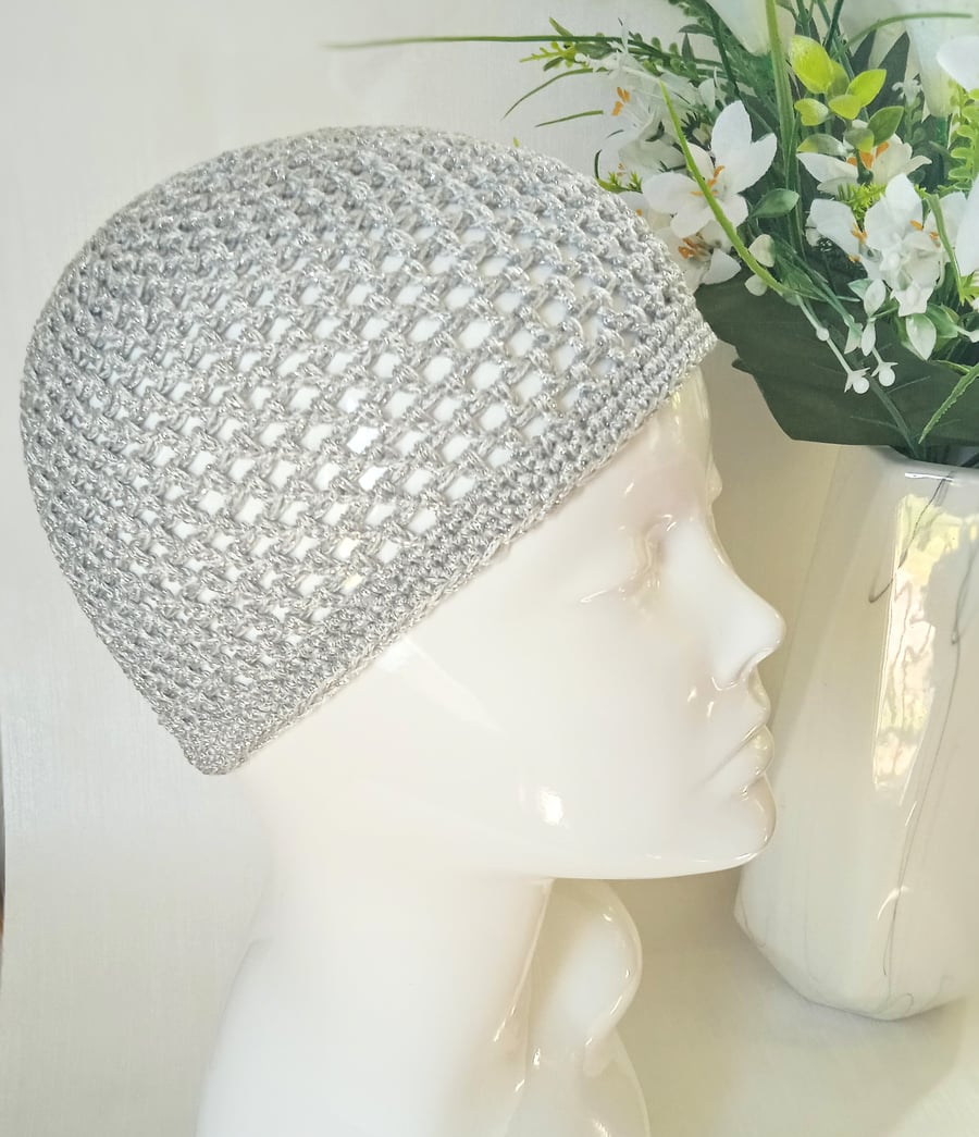 Sparkly Silver Crochet Mesh Skull Cap