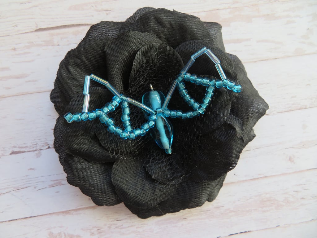 Black & Aqua Turquoise Blue Crystal Bat Gothic Halloween Brooch Hairclip Gift