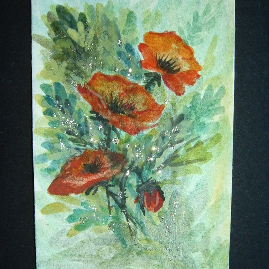 flowers poppy glitter aceo art painting ref 243