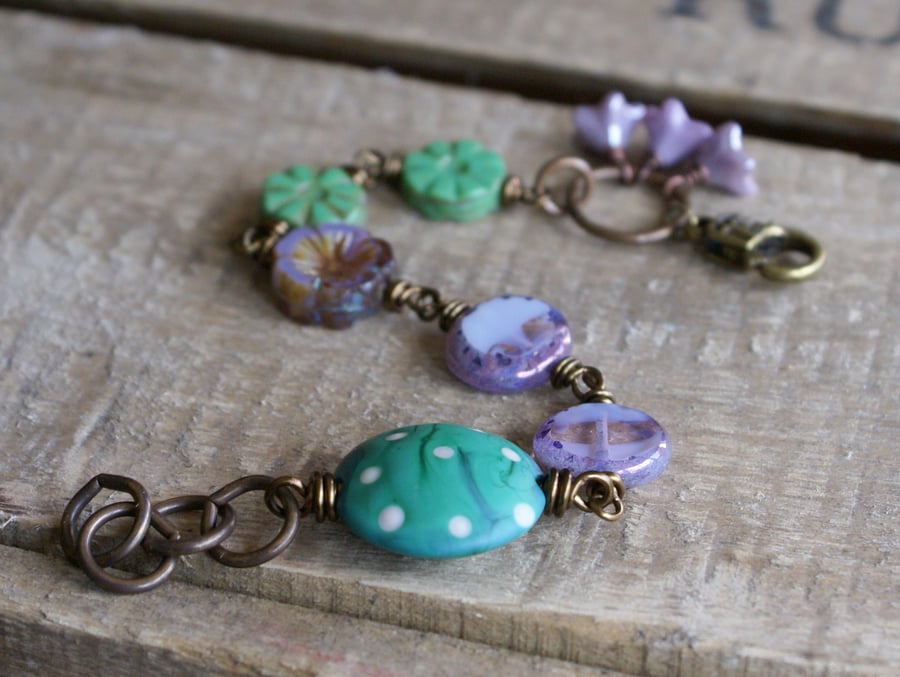 Purple & Green Czech Glass Beaded Bracelet