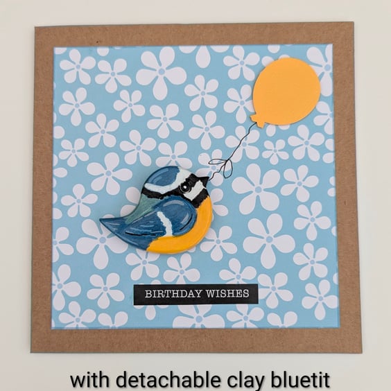 Handmade birthday card with detachable clay bluetit fridge magnet keepsake 