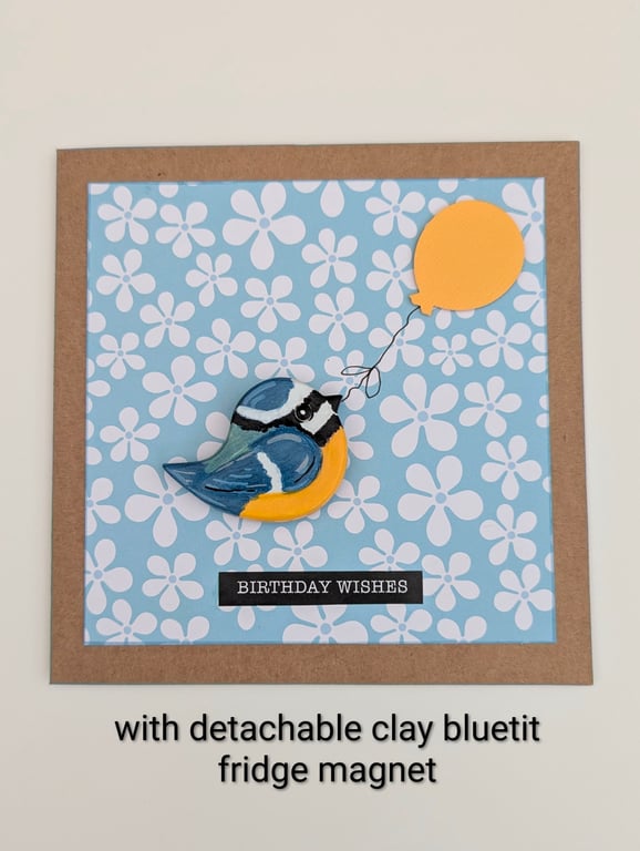 Handmade birthday card with detachable clay bluetit fridge magnet keepsake 