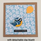 Handmade birthday card with detachable clay bluetit fridge magnet keepsake 
