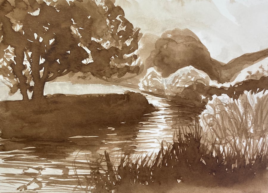 Westerdale river esk - Sepia ink painting (Pure original ink painting)