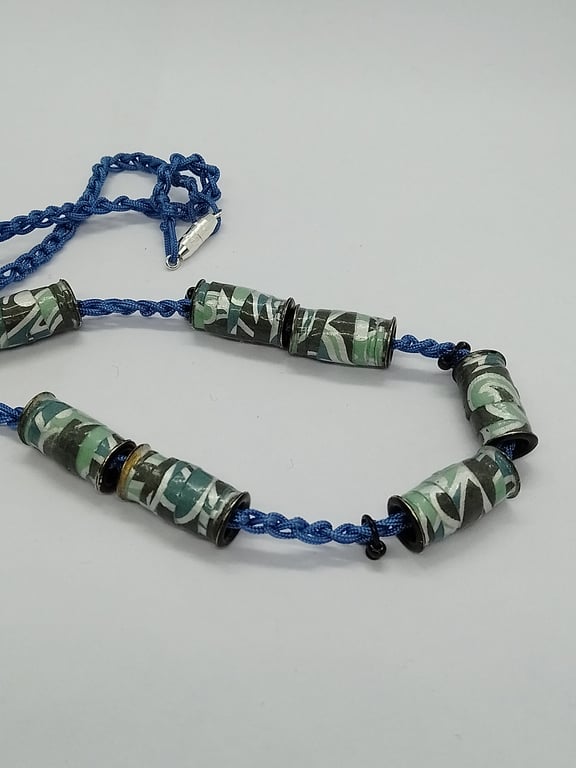 Blue Flock Paper Bead Necklace 