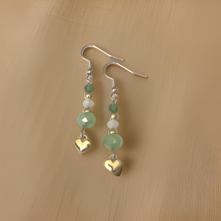 Gold Earrings, Sage Glass Faceted Beads & Gold heart - Boho style, Freepost