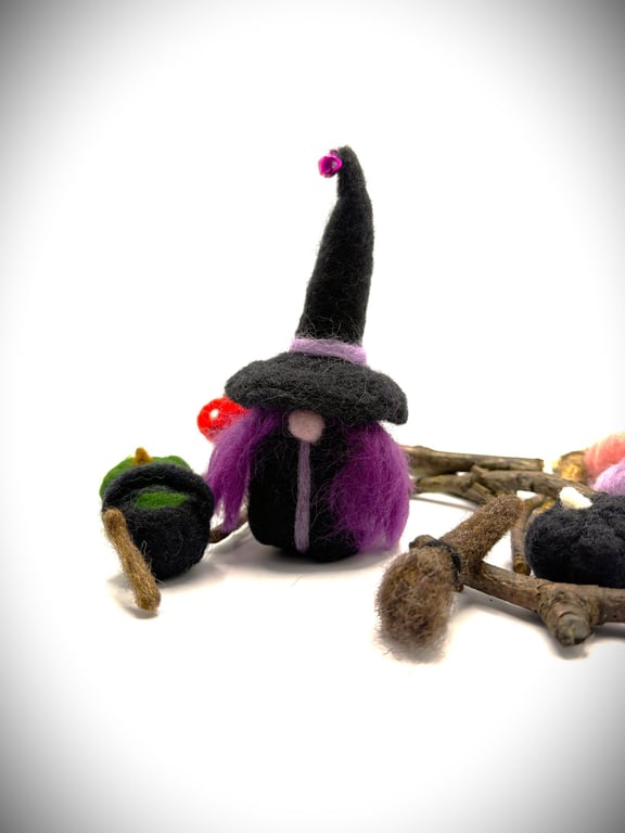 Handmade Halloween Needle Felted Witch Sculpture. Purple Hair & Lavender Accents