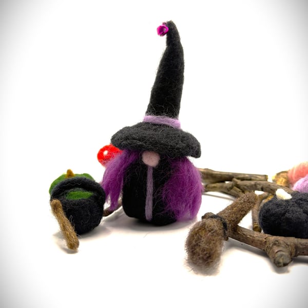 Handmade Halloween Needle Felted Witch Sculpture. Purple Hair & Lavender Accents