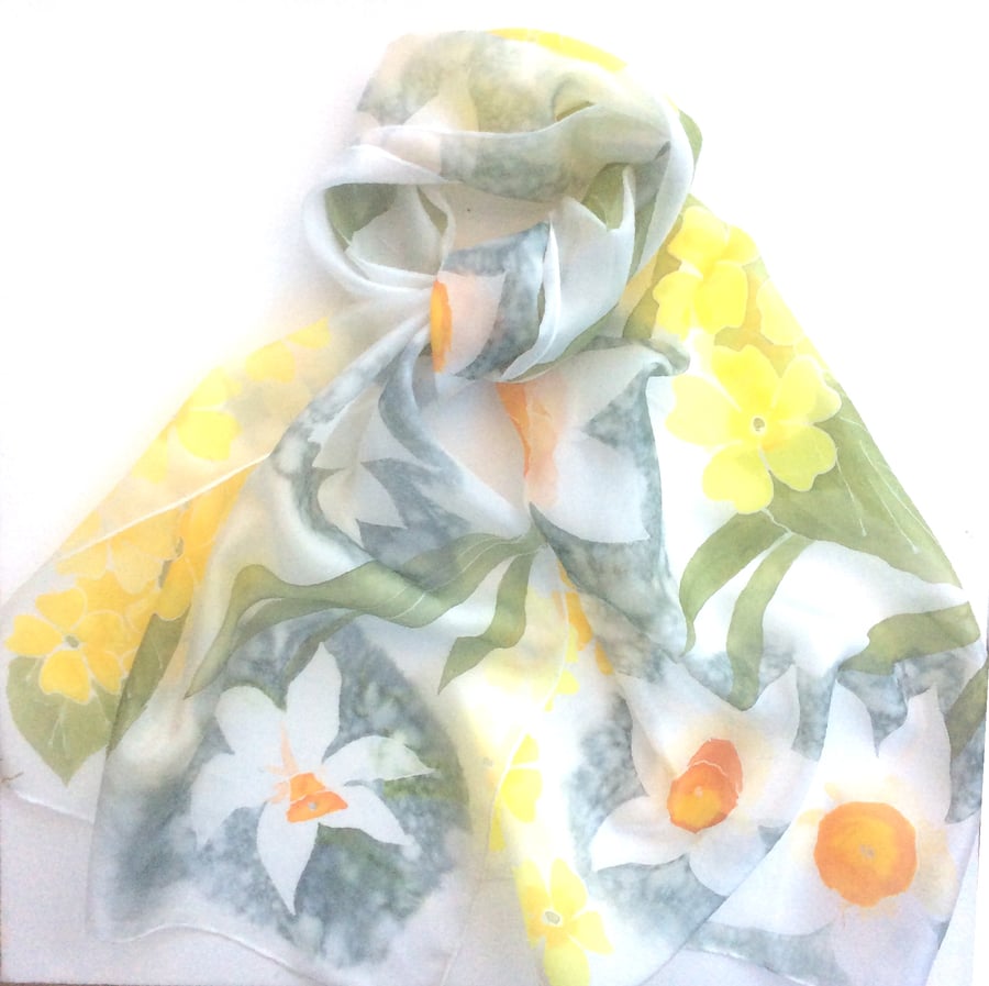 Narcissus and Primroses hand painted silk scarf