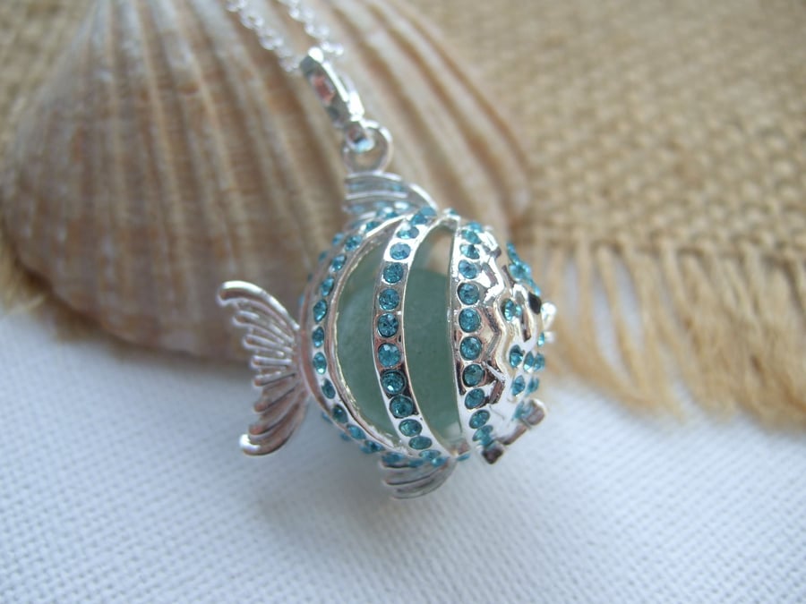 Sea glass marble fish necklace, silver plated turquoise sparkly fish pendant