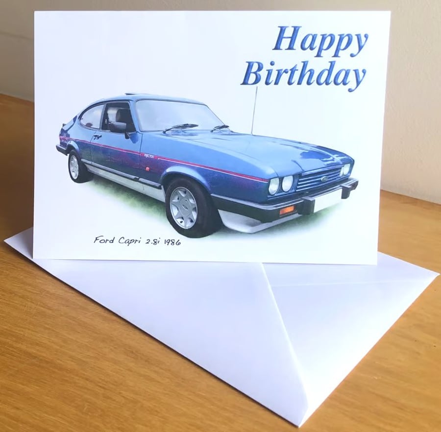 Ford Capri 2.8i 1986 (Blue) - Birthday, Anniversary, Greeting or Plain card