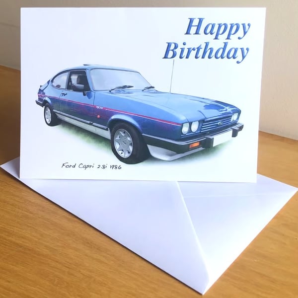Ford Capri 2.8i 1986 (Blue) - Birthday, Anniversary, Greeting or Plain card
