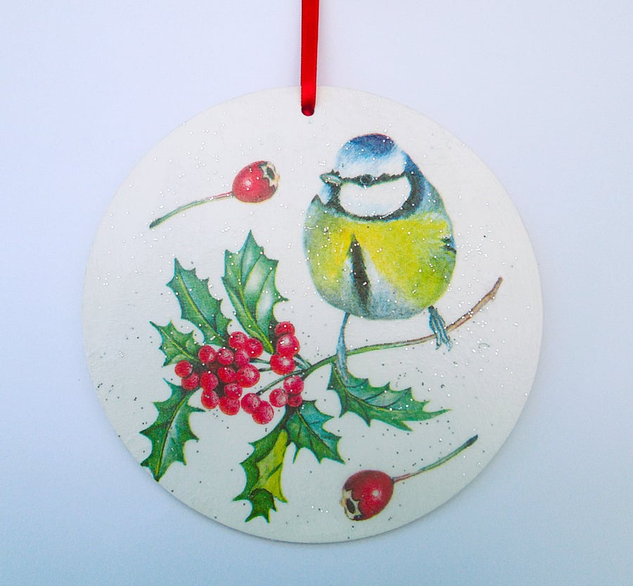 Christmas blue tit and holly berries 2D wood decoupage hanging decoration
