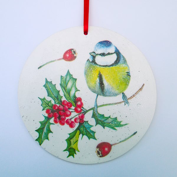Christmas blue tit and holly berries 2D wood decoupage hanging decoration