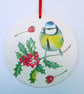 Christmas blue tit and holly berries 2D wood decoupage hanging decoration