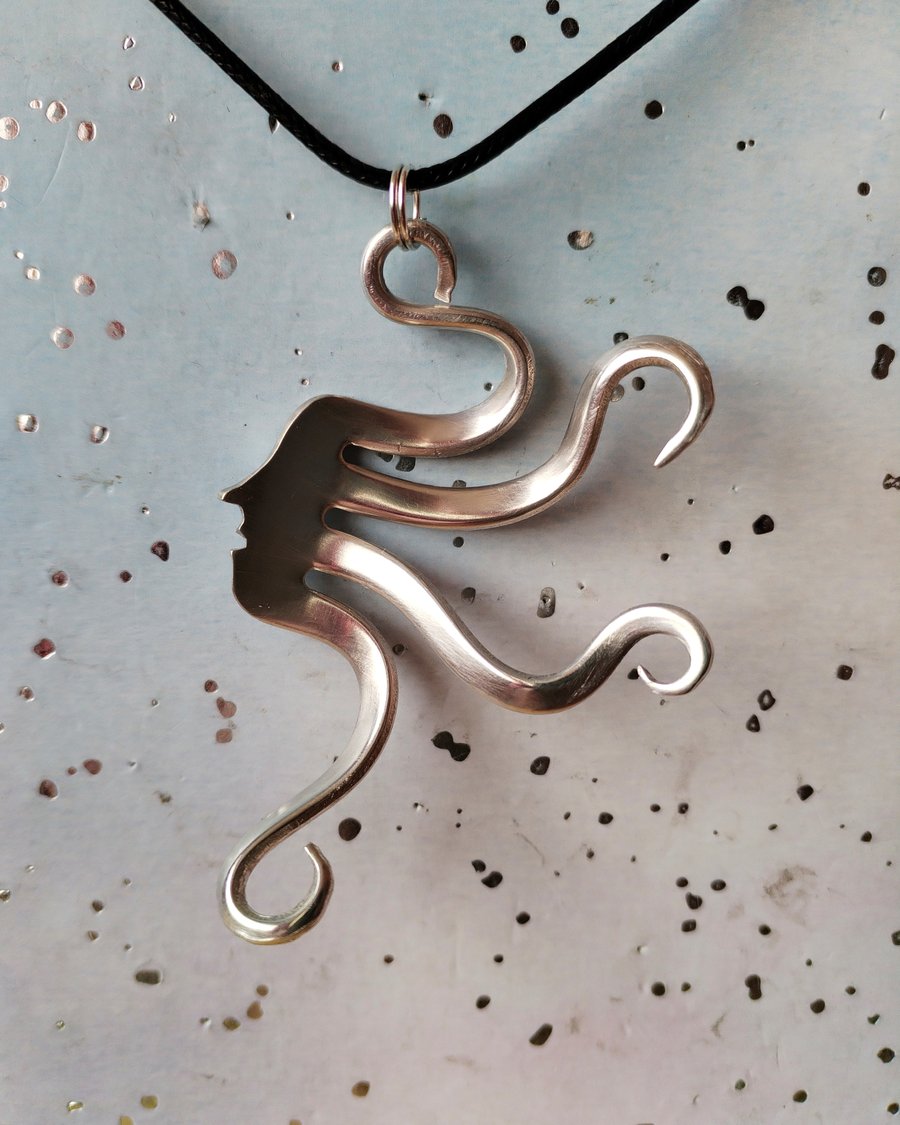Handmade silver plated vintage Medusa fork pendant necklace. 