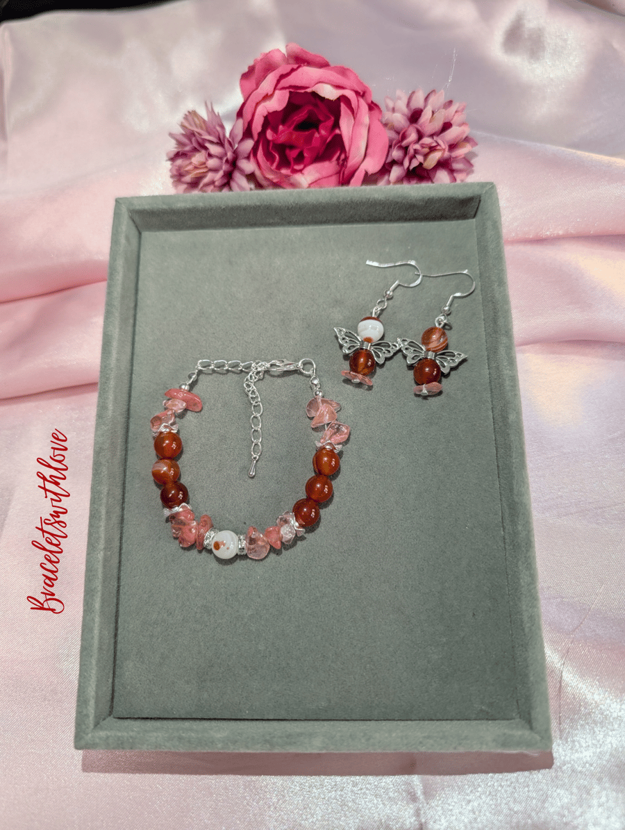 Carnelian & Cherry Quartz bracelet with matching earrings 