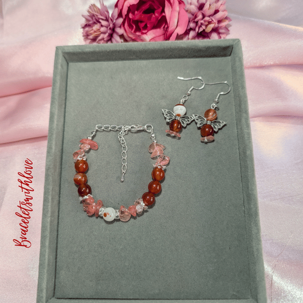 Carnelian & Cherry Quartz bracelet with matching earrings 