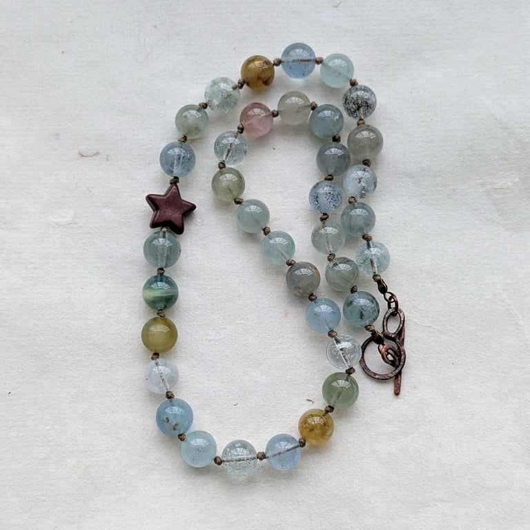 Beryl morganite necklace with howlite star on knotted cord