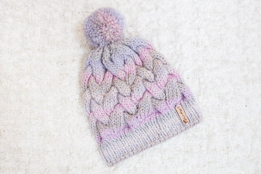Chunky Cable Pink Mix Alyssa Hat. Pom Pom Hat. Hand Knitted Wool Blend Beanie.