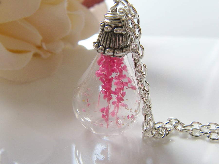 Real Flower Botanical Necklace Hand Blown Tear drop - PRETTY IN PINK
