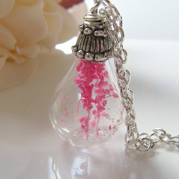 Real Flower Botanical Necklace Hand Blown Tear drop - PRETTY IN PINK