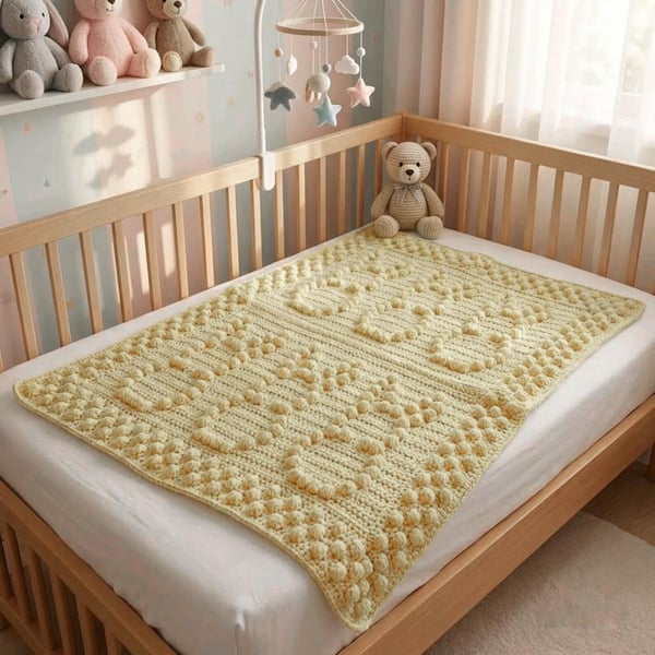 Crocheted Baby Blanket Lemon Bunnies, Gender Neutral Nursery Decor, New Baby