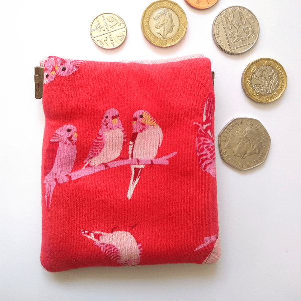 Red budgie earbud pouch or coin purse