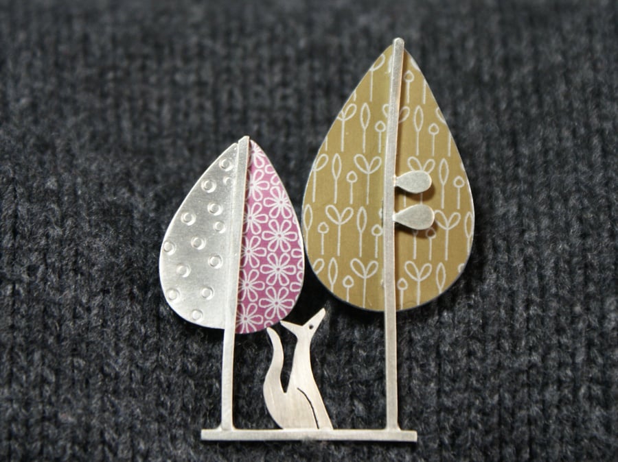 SALE Fox and trees brooch