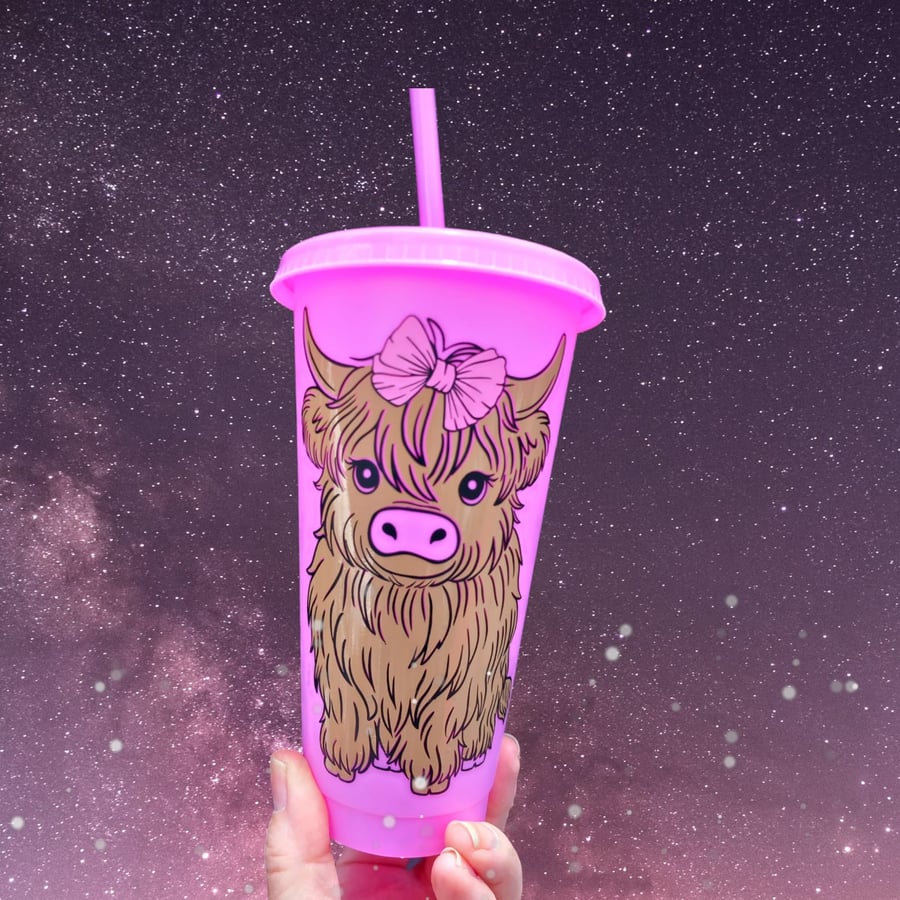 Pink Highland Cow Cold Cup 24oz Cute Drinkware Gift For Her Christmas