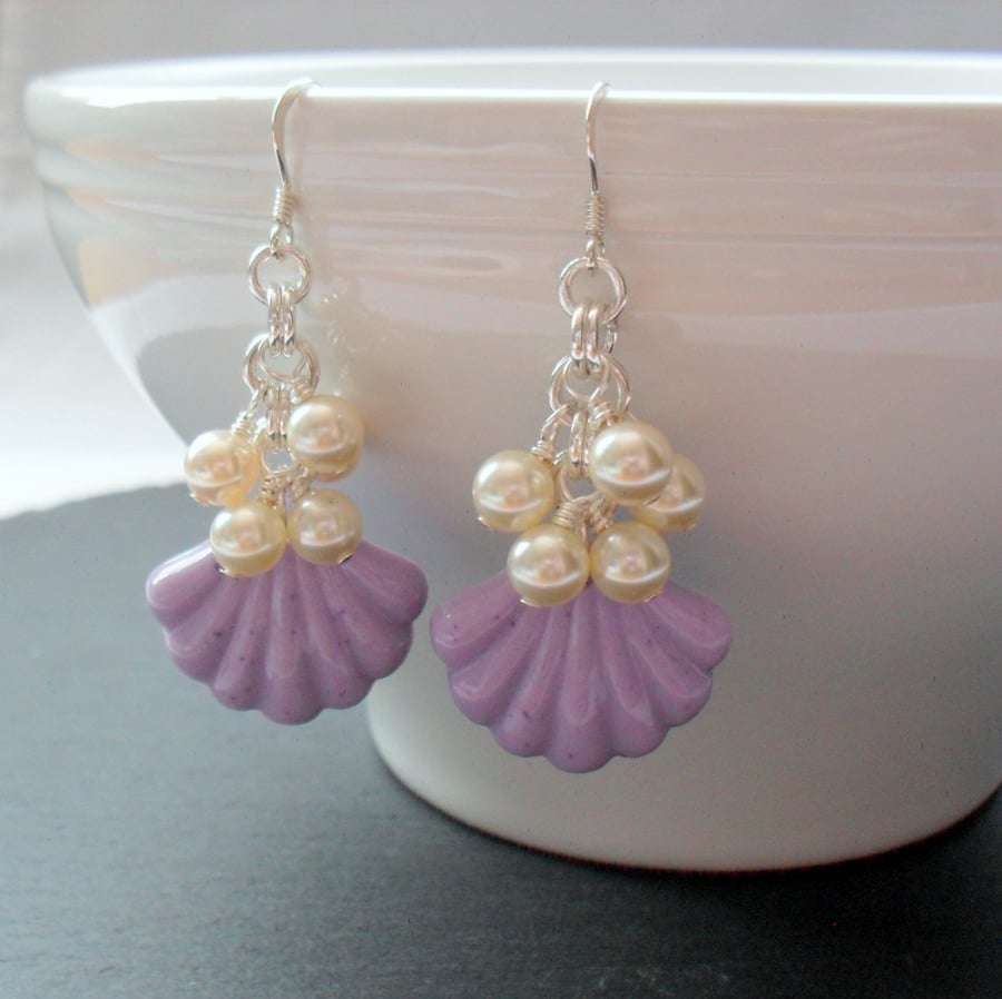 Lilac Resin Shell and Pearl Earrings With Swarovski® Elements