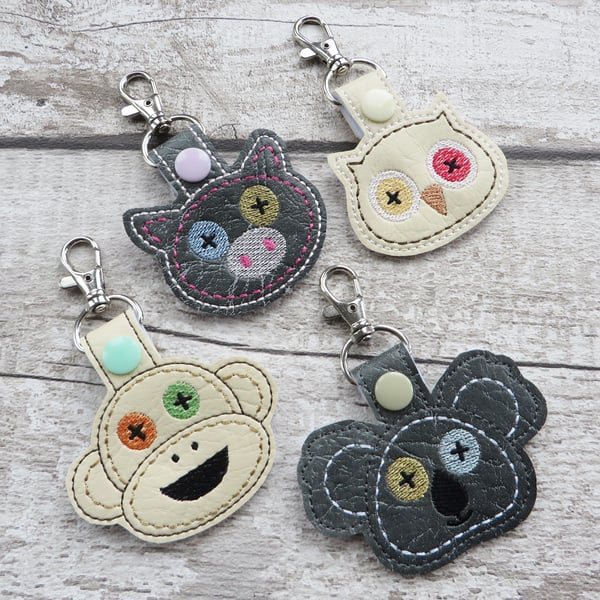 Cute Toy Animal Head Keyring with Stitched Button Eyes, Monkey, Koala, Pig, Owl,