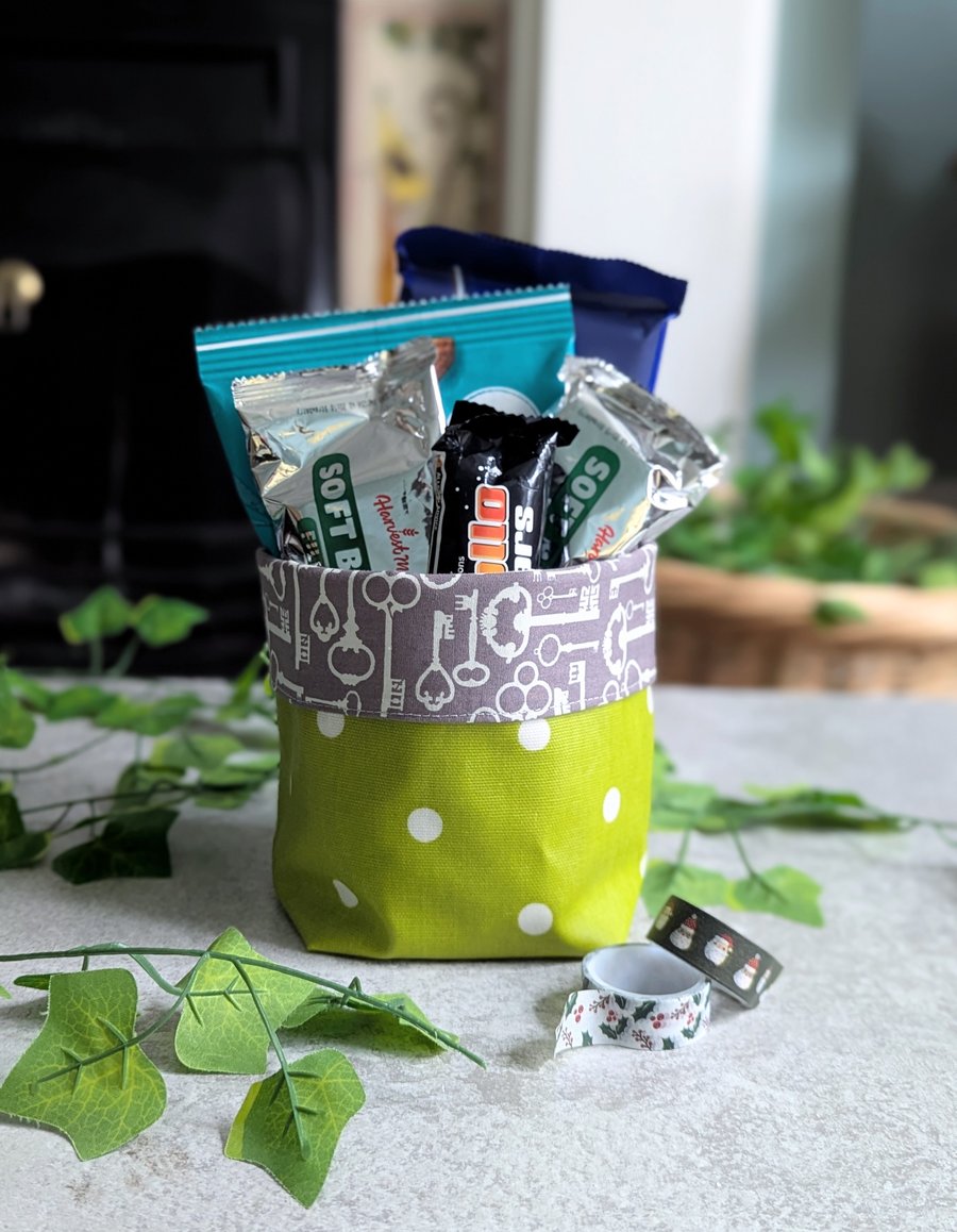 Lime Green Polka Dot Oilcloth storage Pots or Gift Hamper Basket