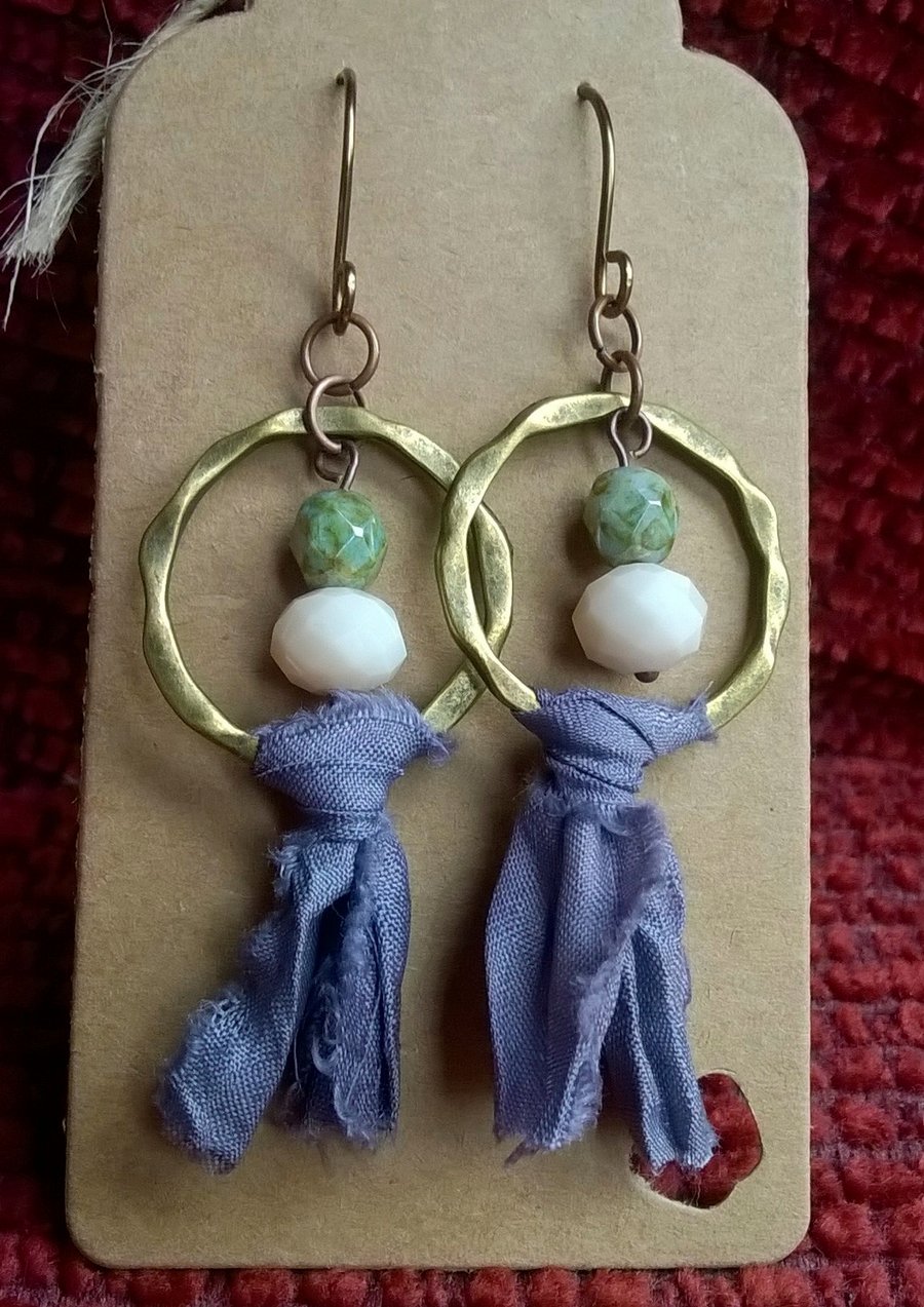 Sari ribbon copper hoop and glass earrings