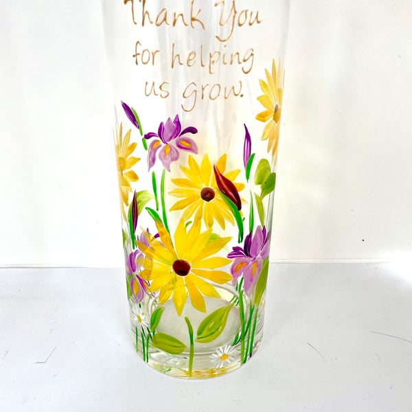 Hand Painted Glass Vase. Thank You Vase for Teacher. Sunflower and Iris