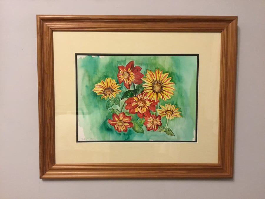 Dancing Zinnia. Watercolour painting framed.Hand made in the UK