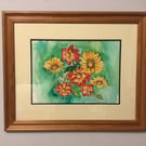 Dancing Zinnia. Watercolour painting framed.Hand made in the UK