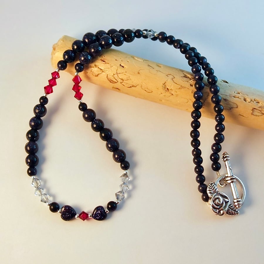 Blue Goldstone Heart Necklace With Red Crystals, Birthday, Anniversary Gift