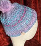 Pink, Purple, Turquoise Shades Fun Crocheted Hat with detachable Pom-pom - Image 2