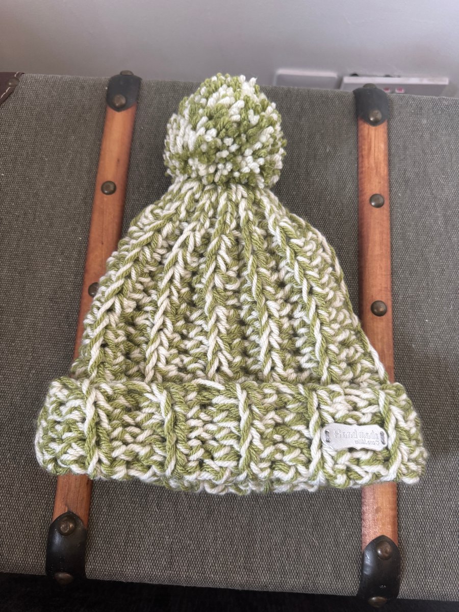 Handmade Crochet Beanie Hat With Pom Pom - Green & Cream Mix