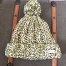 Handmade Crochet Beanie Hat With Pom Pom - Green & Cream Mix
