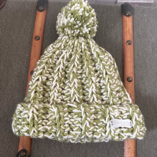 Handmade Crochet Beanie Hat With Pom Pom - Green & Cream Mix