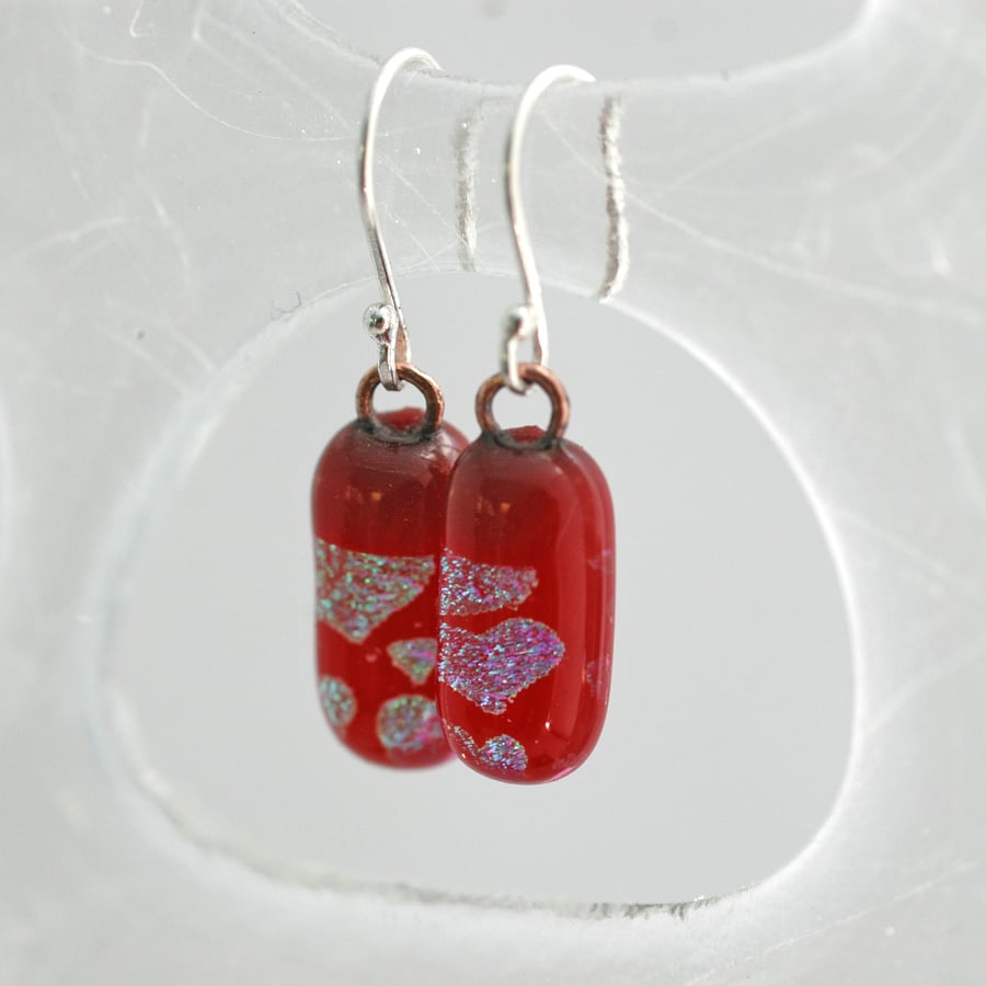 Red Hearts Dichroic Glass Drop Earrings