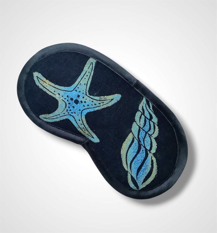 Navy Blue Sea Shells Linen Lotus Flower Lavender Eye Mask