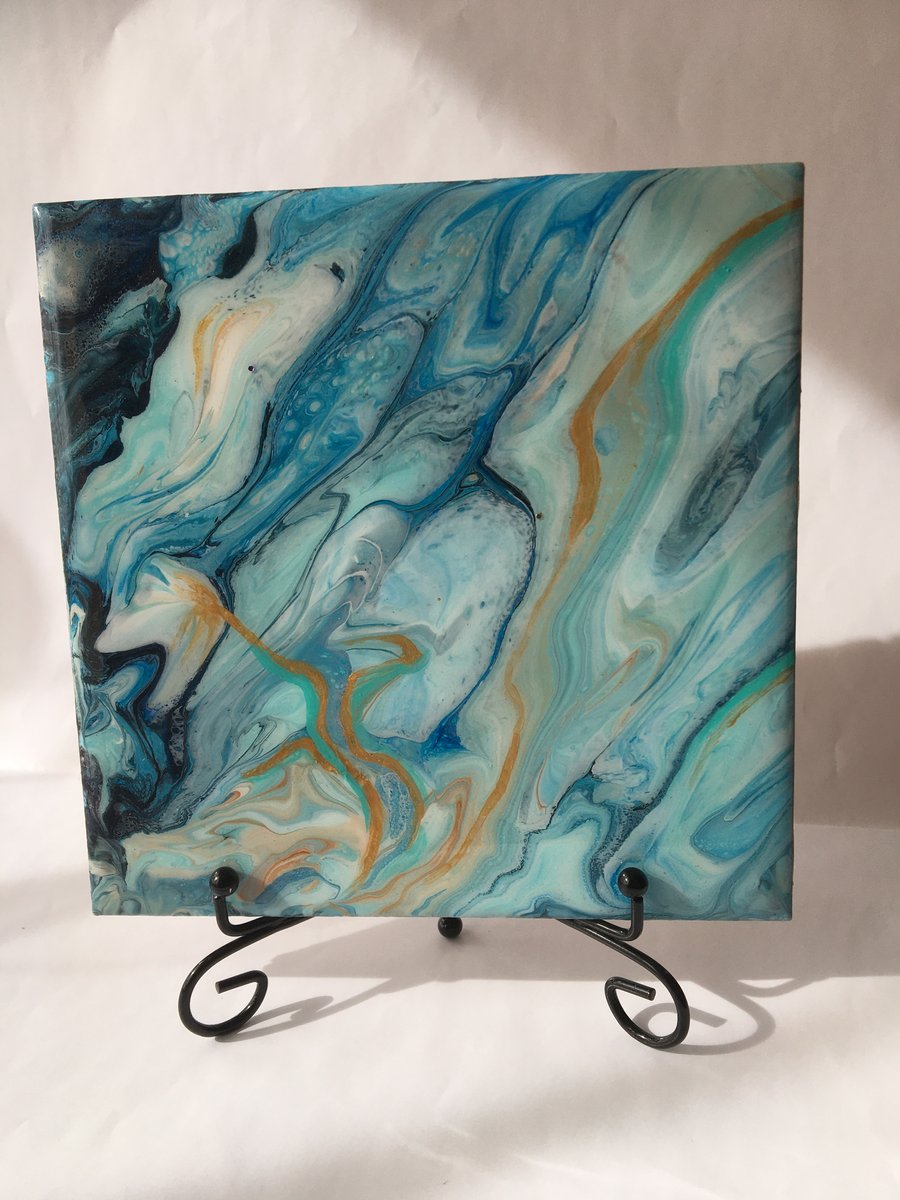 Fluid art, 6”x6” tile, trivet, decoration, blue with gold abstract painting  