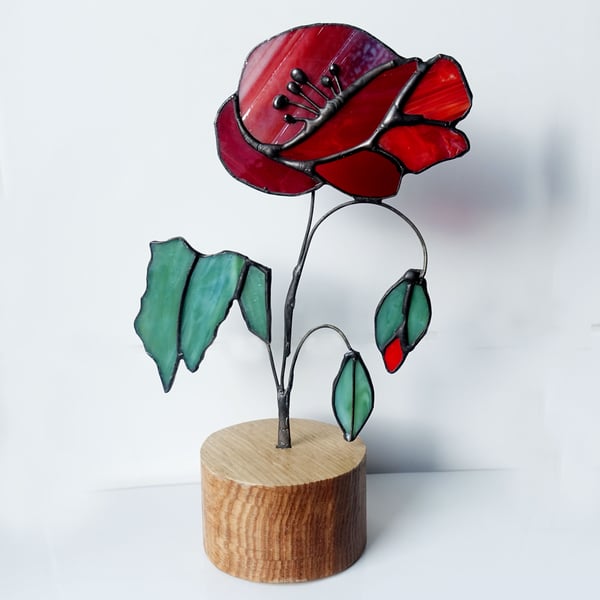 Stained Glass Art Poppy on solid Ash wood base. Christmas Gift.  Wedding Present