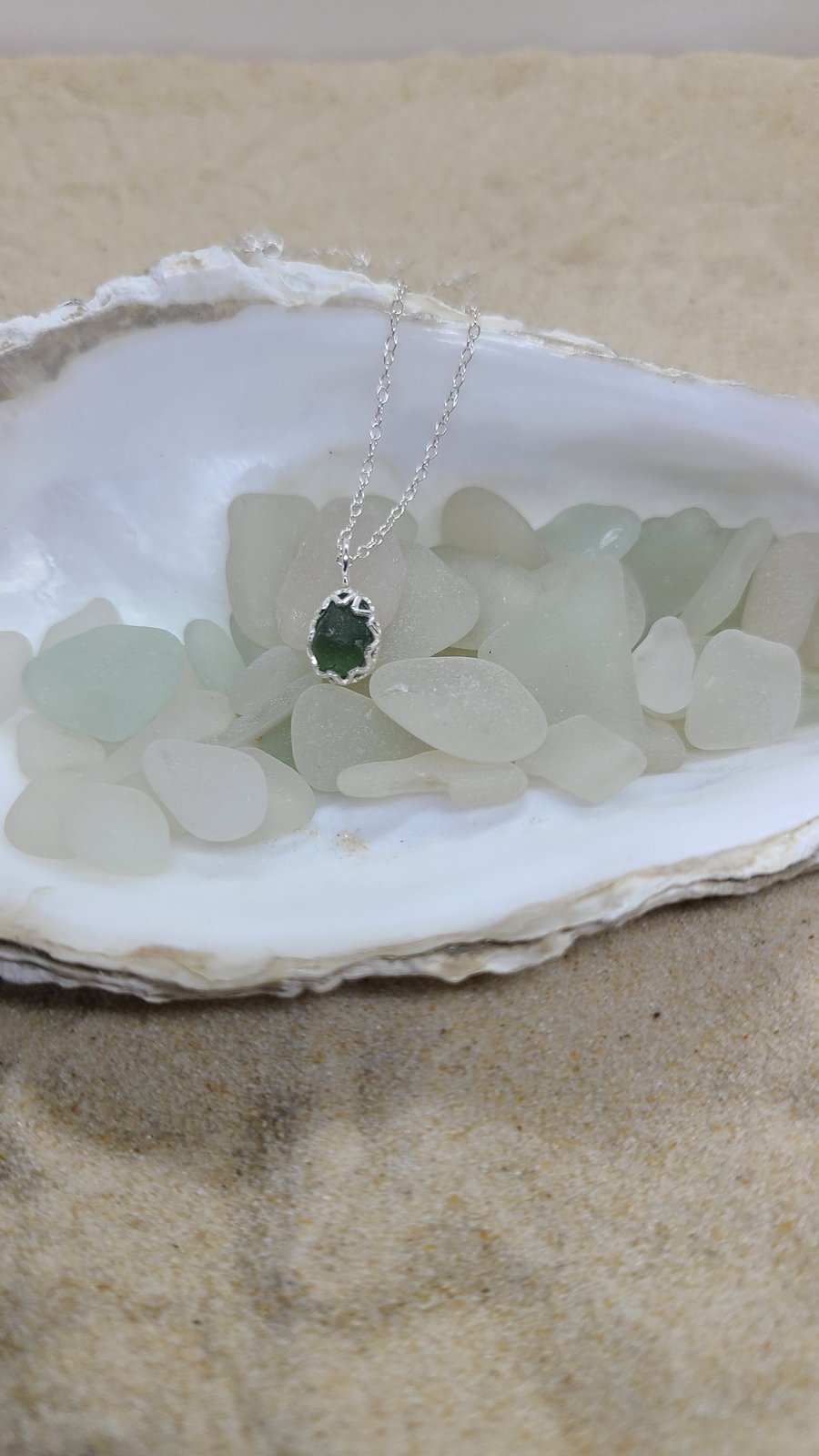 Moss green sea glass and silver pendant P13